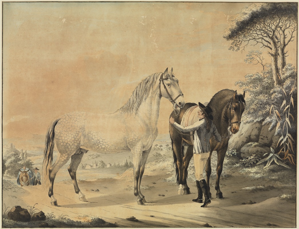 Stallknecht mit Schimmel und Rappen by Иоганн Георг Пфорр — digital art print download