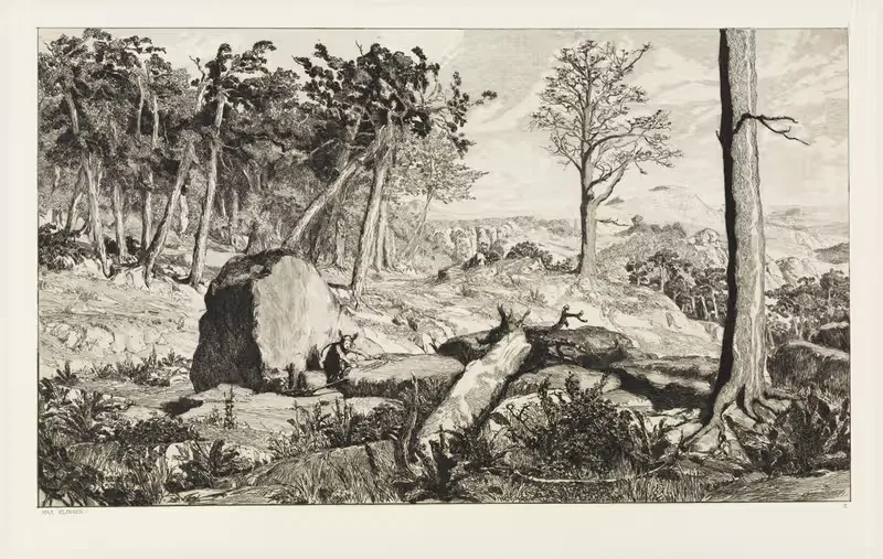 Simplicius in der Wald-Einöde (Intermezzi, Opus IV, Blatt 10) by Max Klinger, 1881 — digital art print download