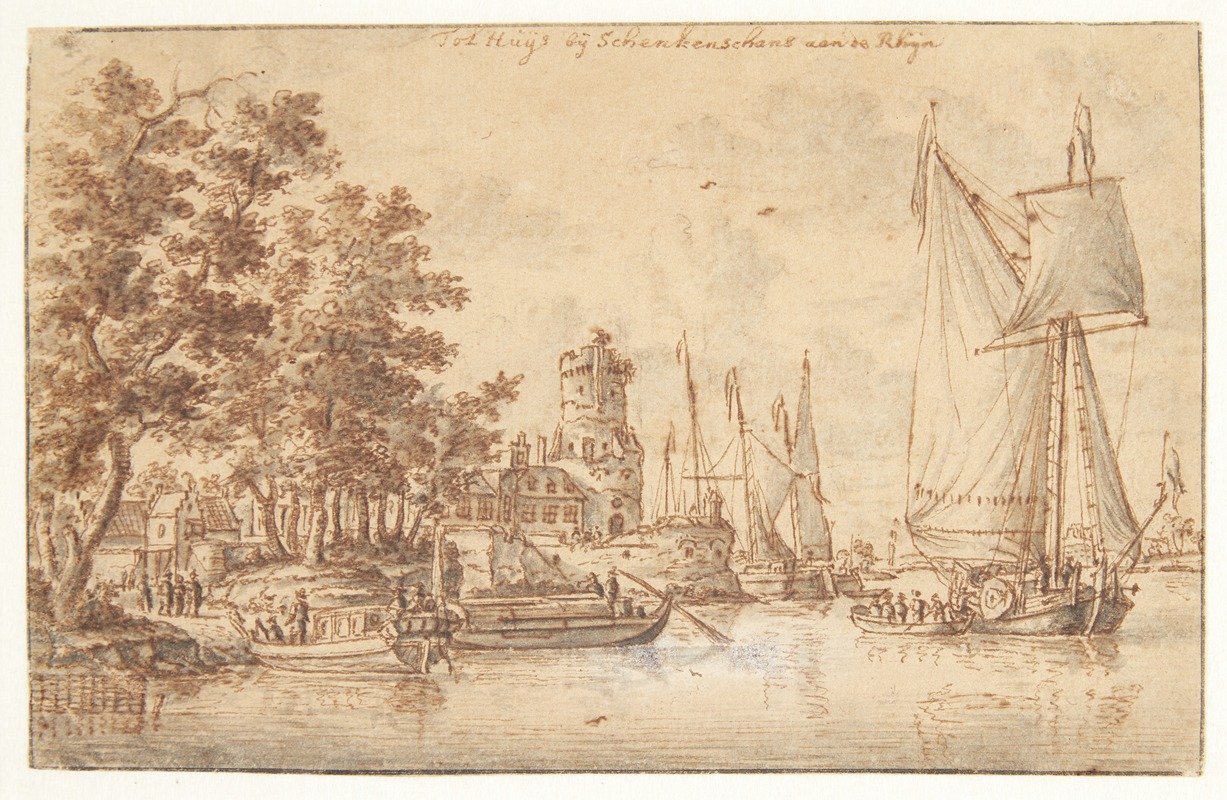 Rhine landscape with castle and ships — Abraham Storck