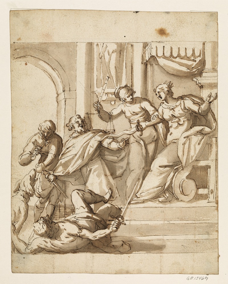 Allegorical composition with Justice restraining an enthroned queen by Antonio Aliense — digital art print download