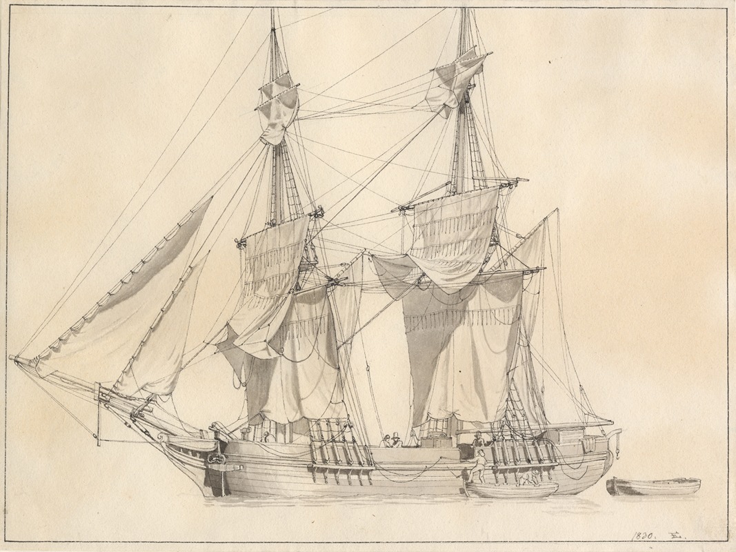 En brig tørrer sejl by Кристоффер Вильгельм Эккерсберг, 1830 — digital art print download