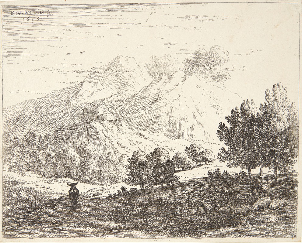 Fire bjerge Et æsel og får i forgrunden — Karel Dujardin