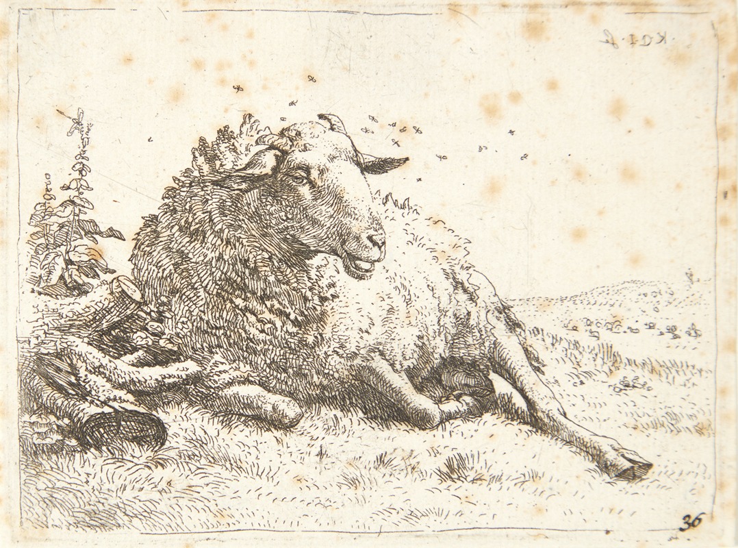 Liggende får ved en træstub — Karel Dujardin