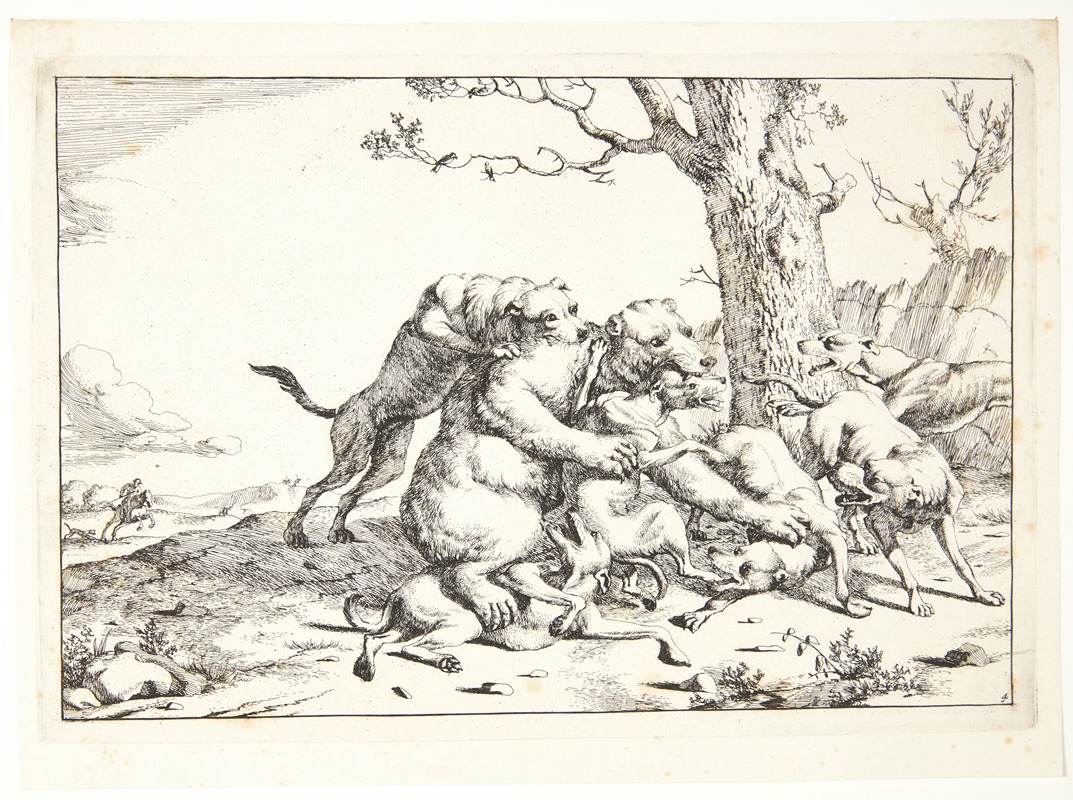 Bjørn kæmpende mod seks hunde by Marcus de Bye — digital art print download