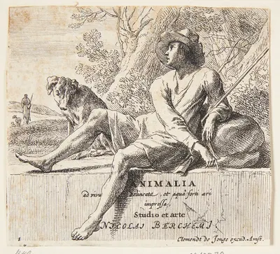 Fårehyrde siddende på en sten Titelblad til Forskellige dyr by Nicolaes Pietersz. Berchem — digital art print download