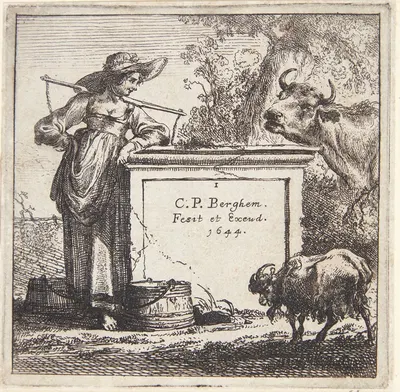 Malkepige lænet mod en piedestal by Nicolaes Pietersz. Berchem, 1644 — digital art print download
