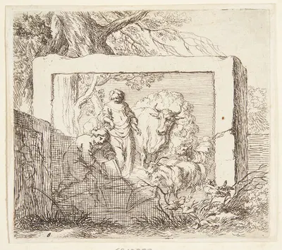 Stenblok med et basrelief forestillende en hyrde, der hælder vand i et trug by Nicolaes Pietersz. Berchem — digital art…