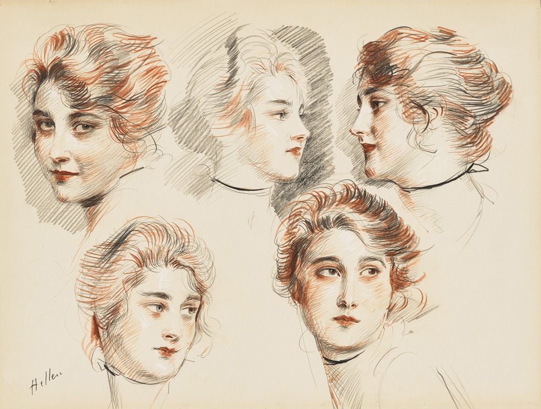 Five head studies of a young lady by Поль Сезар Элью — digital art print download