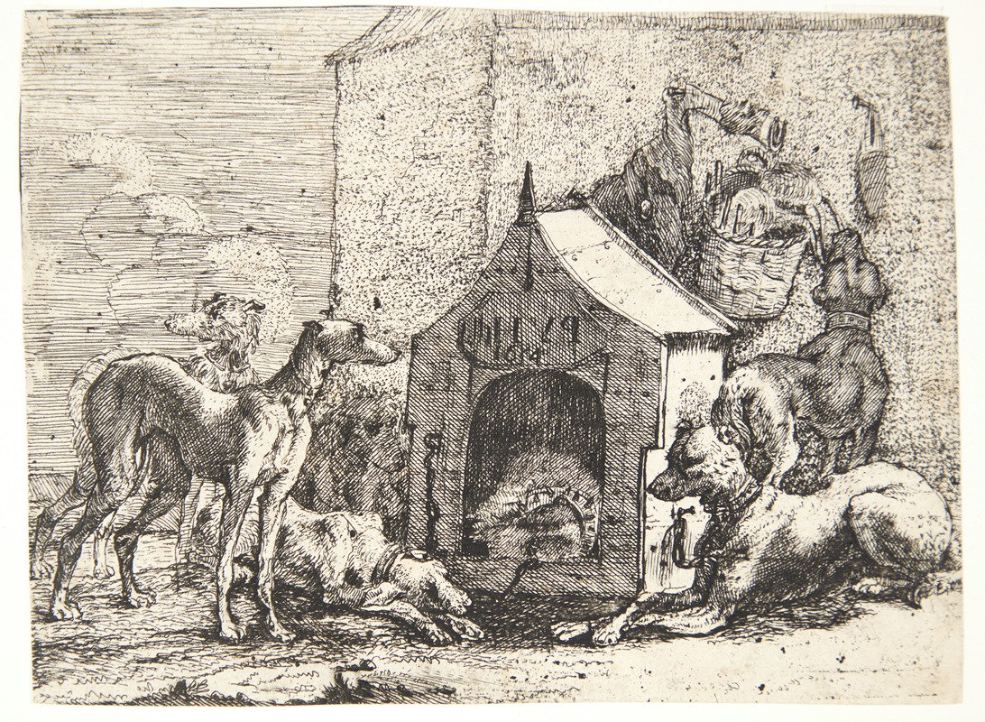 Kennel med seks hunde by Paulus van Hillegaert II, 1654 — digital art print download