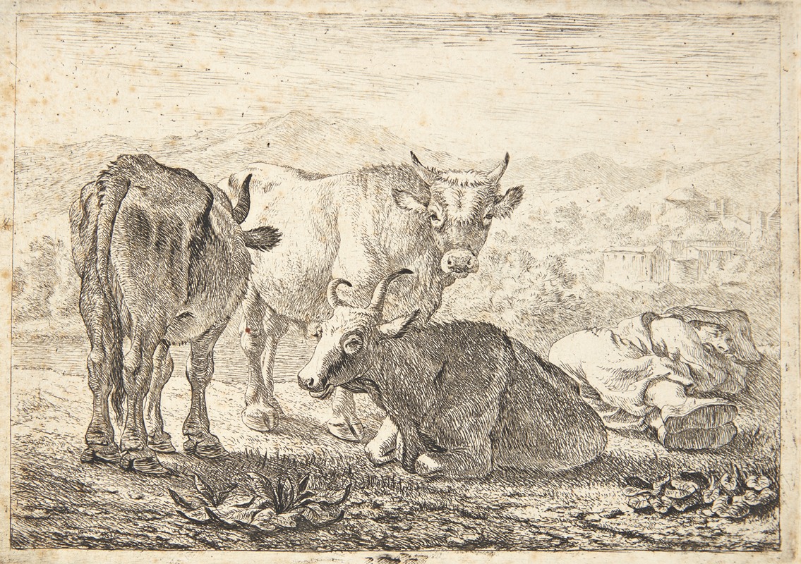 Tre stude, th en sovende bonde by Питер ван Лаер, 1638 — digital art print download