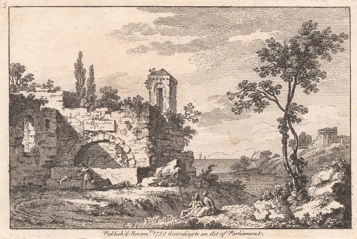 Landscape with a ruin, a river, a shepherd and sheep — Francois Vivares