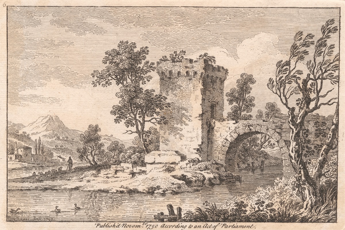 Landscape with a ruin, a river, a shepherd and sheep — Francois Vivares