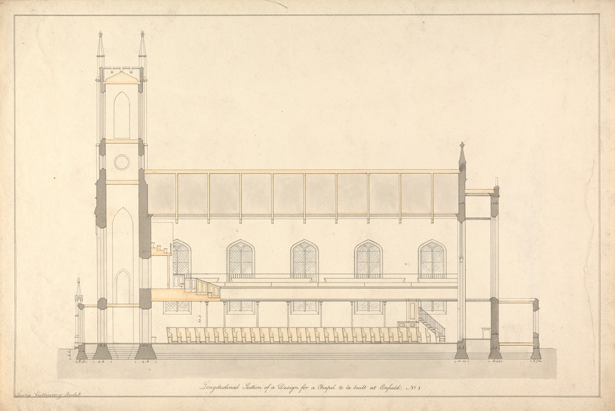 Design for a Chapel at Enfield; Longitudinal Section by Льюис Вуллиами — digital art print download