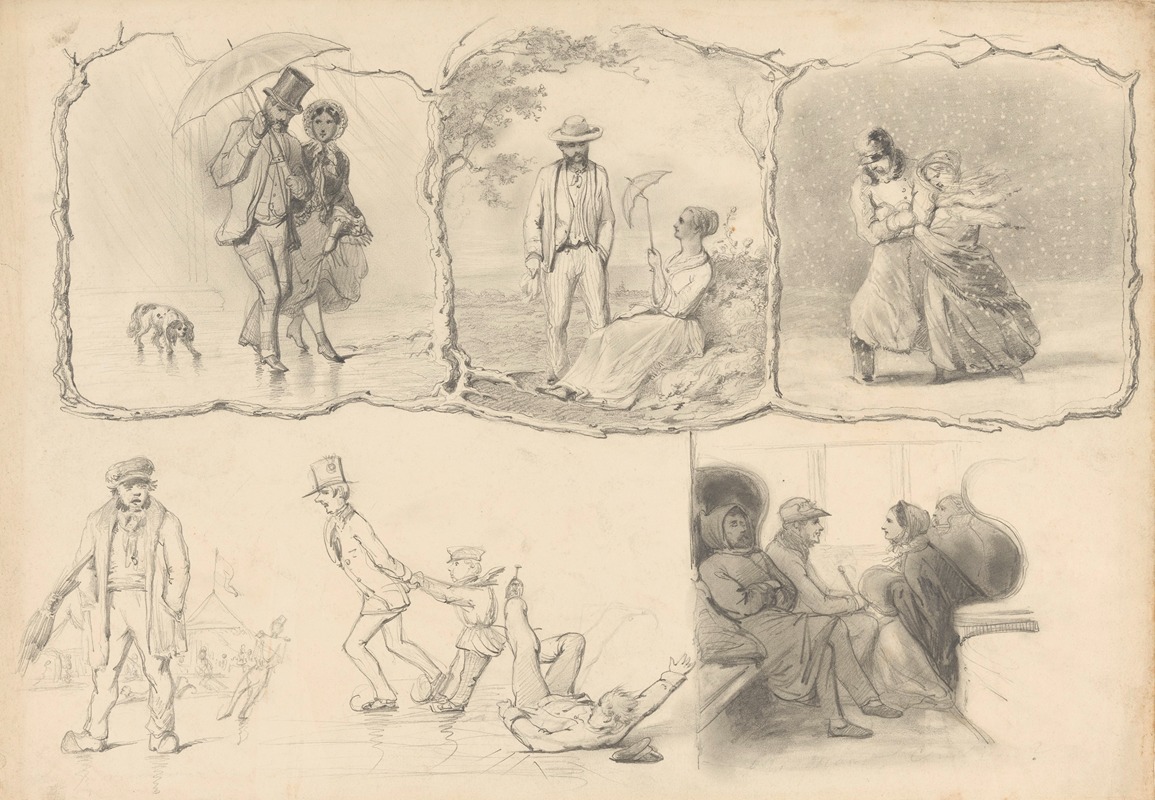 Schetsblad met diverse studies, onder andere van ijspret — August Allebé