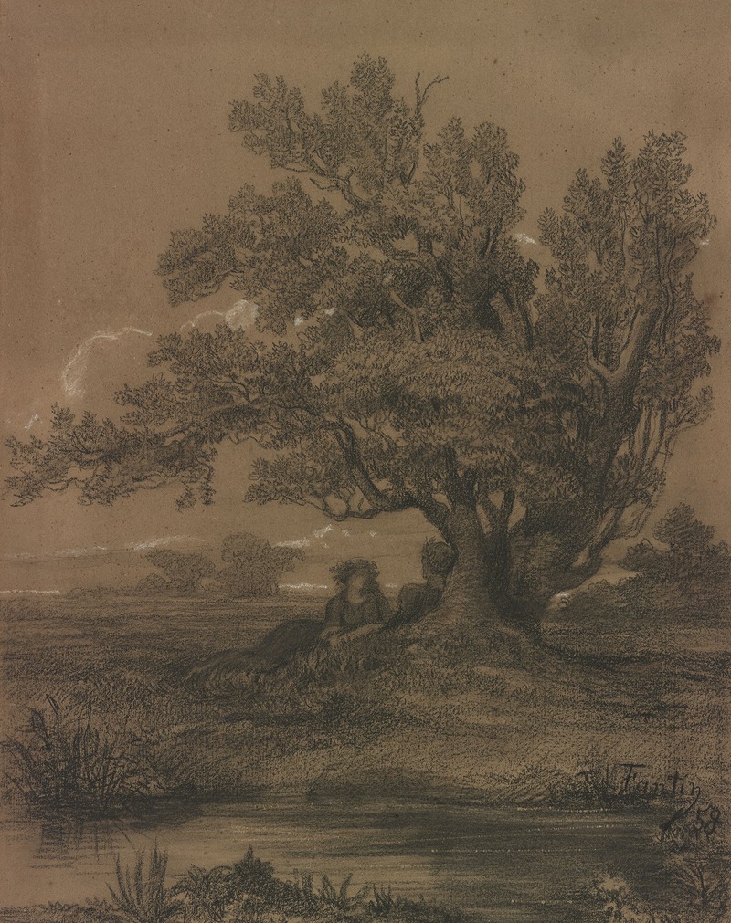 Pastoral Landscape with Figures by a Tree by Анри Фантен-Латур, 1858 — digital art print download