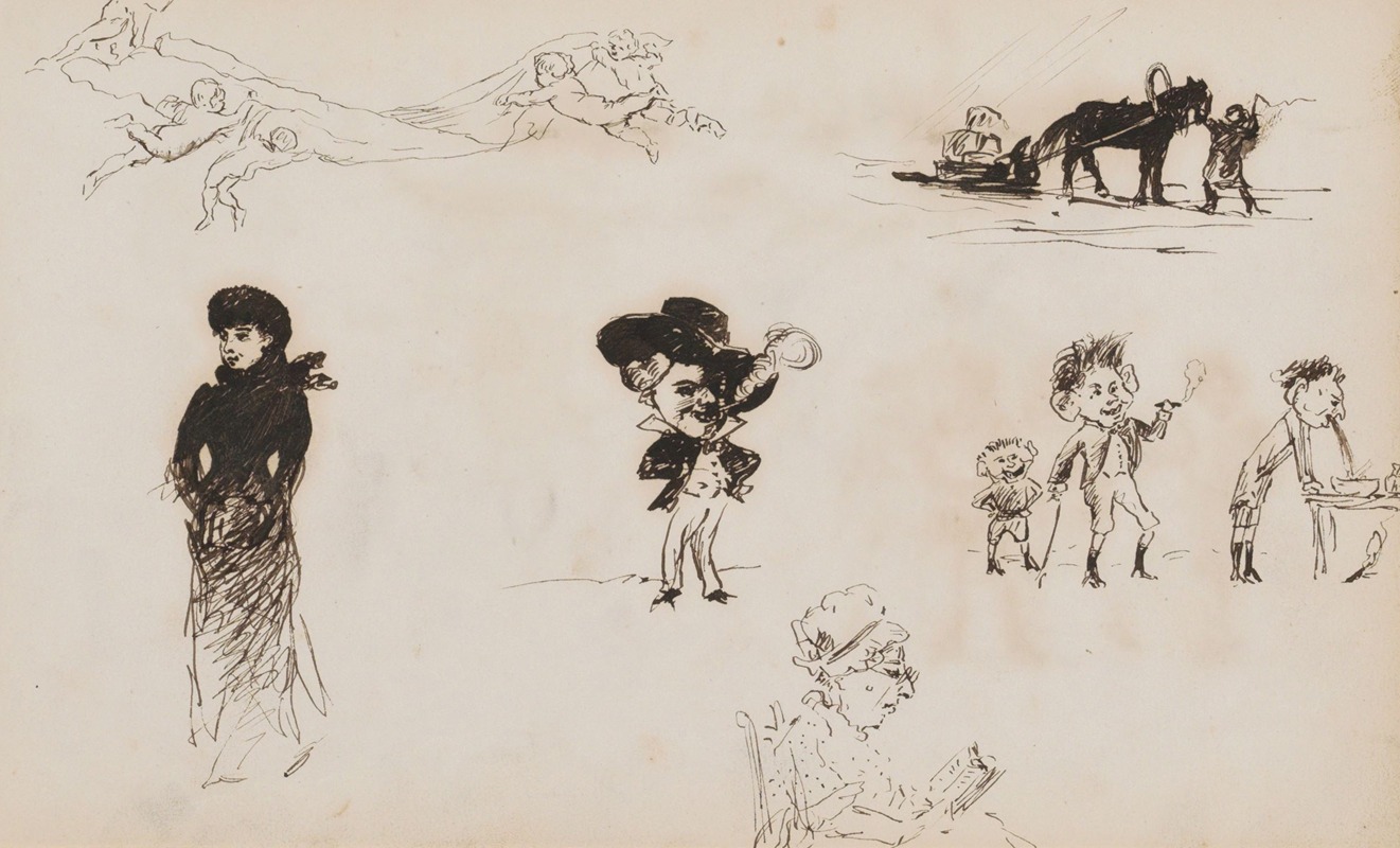 Studieblad, onder andere met karikaturen — Marius Bauer