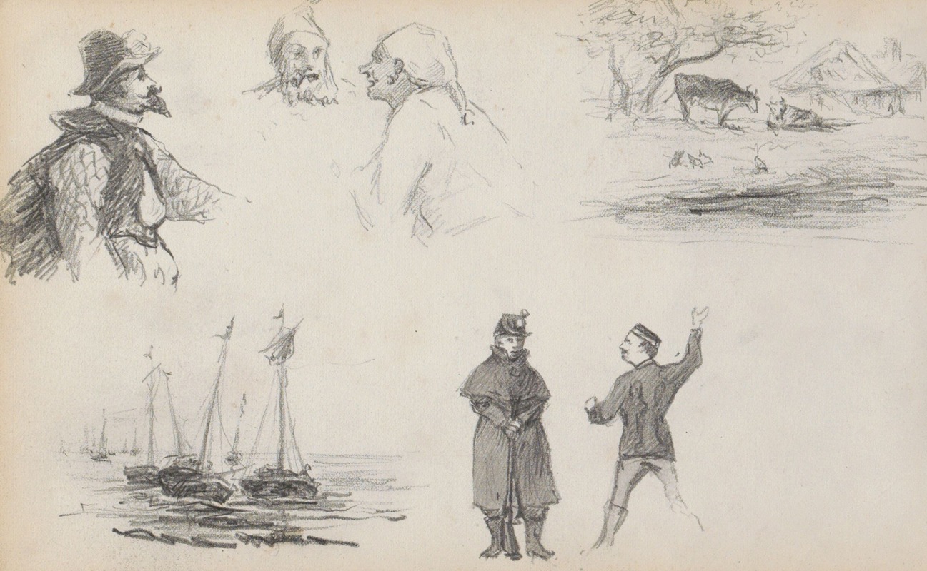 Studieblad, onder andere met zeilschepen by Мариус Бауэр, 1880 — digital art print download