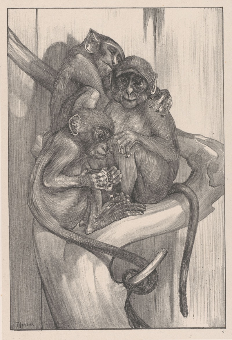 Drie apen op een boomstronk by Тео ван Хойтема, 1898 — digital art print download