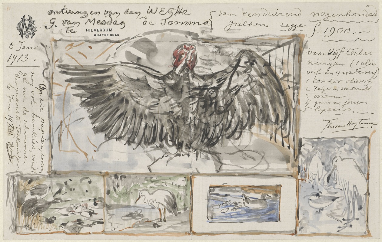 Vijf schetsen naar werken van vogels by Тео ван Хойтема, 1913 — digital art print download