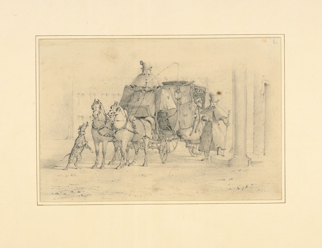 Coach with driver, passengers, and dog barking by Генри Томас Алкен, 1820-1830 — digital art print download