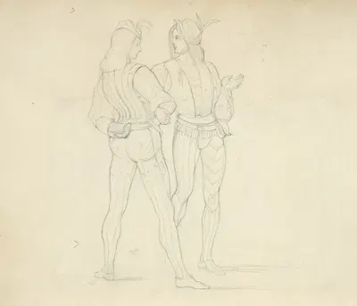 Two men wearing tights, doublets, belts with purses, and hats, Lucan Signorelli de Cartona 1439 by Stewart Watson, 1840 —…