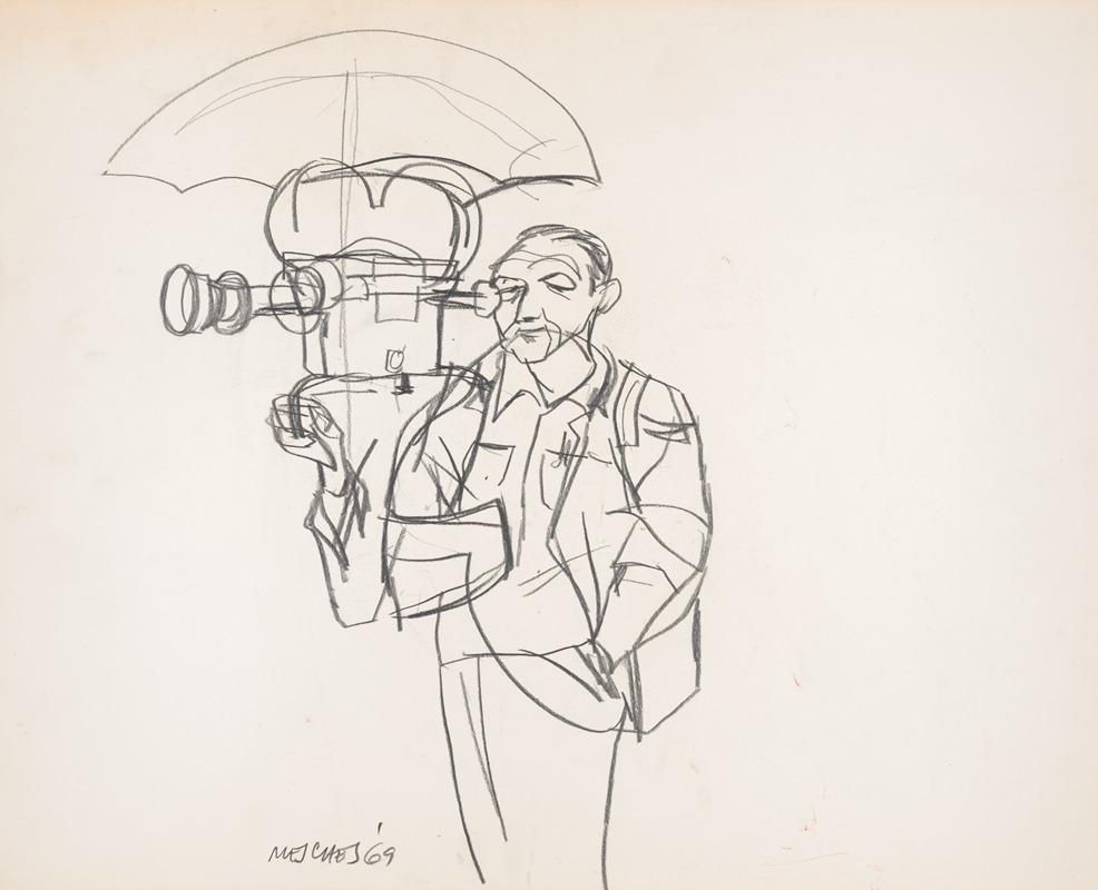 Television news cameraman with umbrella over the camera during the Pueblo hearings in Coronado, California — Arnold Mesches