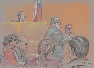 Lawyer speaking in front of judge, witness and others during trial of Yolanda Saldivar for the murder of the singer Selena…