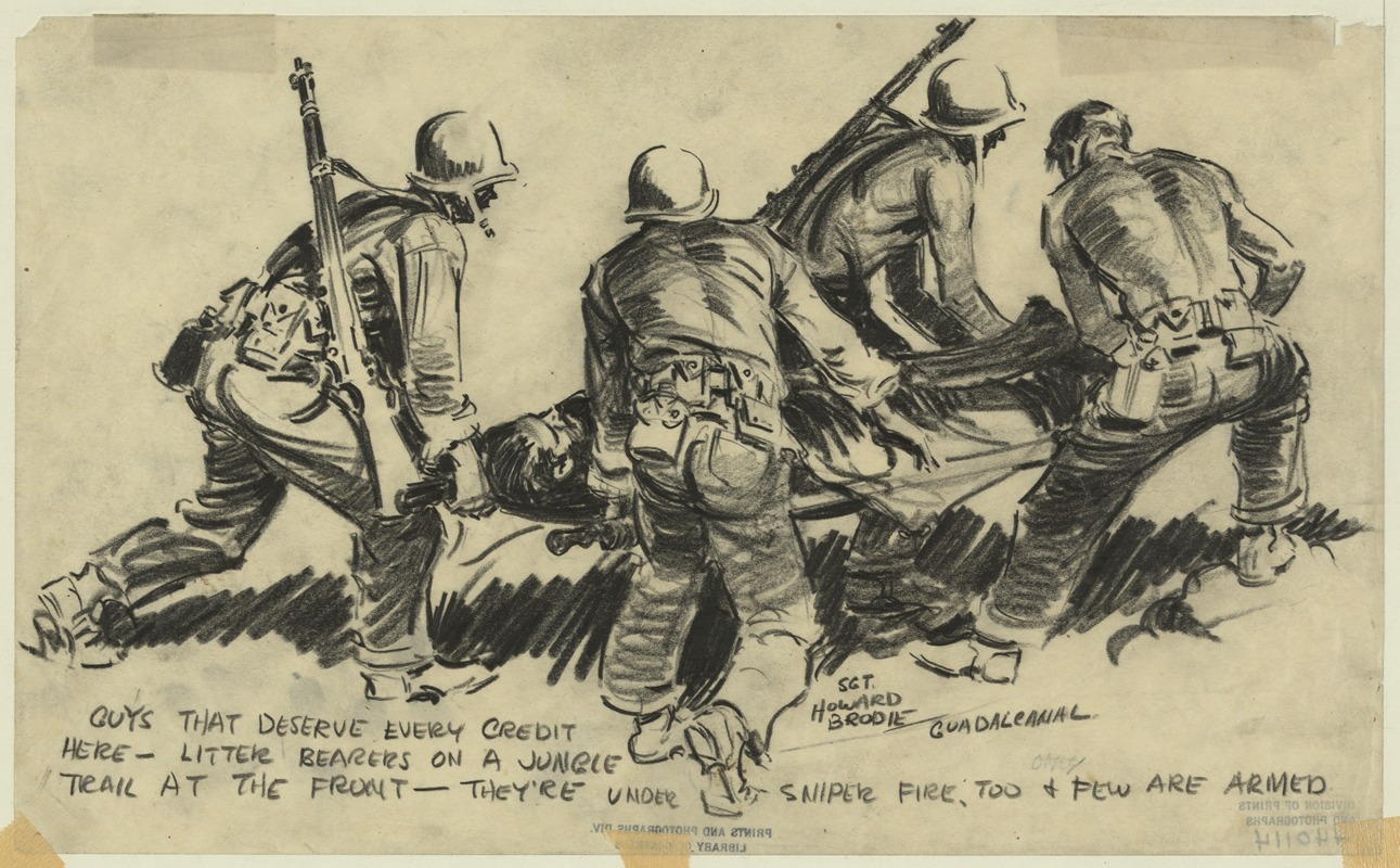 Litter bearers on a jungle trail at the front — Howard Brodie