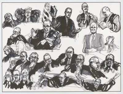 Federal District judge John Keenan presiding over the Bess-Mess trial by Joseph Papin, 1988 — digital art print download