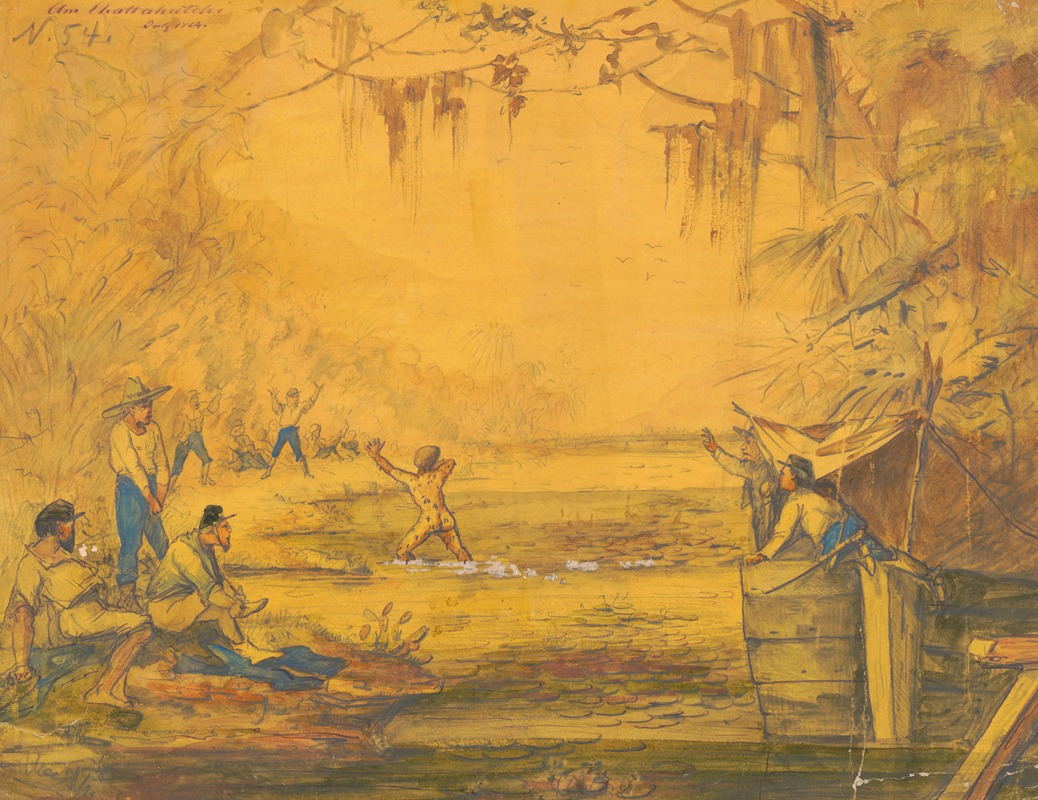 Bathing in Chattahouchee River, Georgia, with difficulty, July 1864 — Adolph Metzner