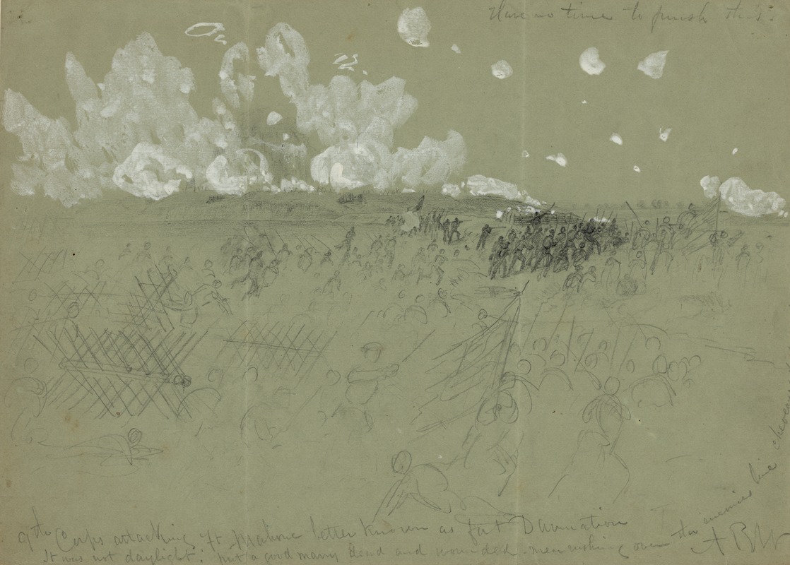 9th Corps attacking Ft. Mahone better known as Fort Damnation — Alfred Rudolph Waud