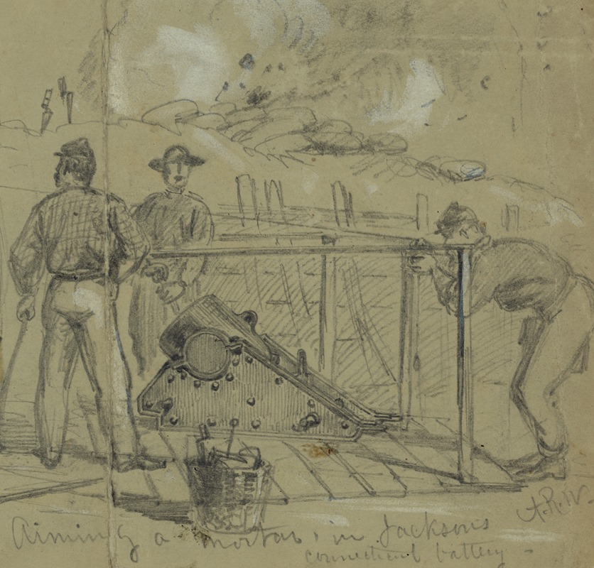 Aiming a Mortar, in Jacksons Connecticut battery — Alfred Rudolph Waud