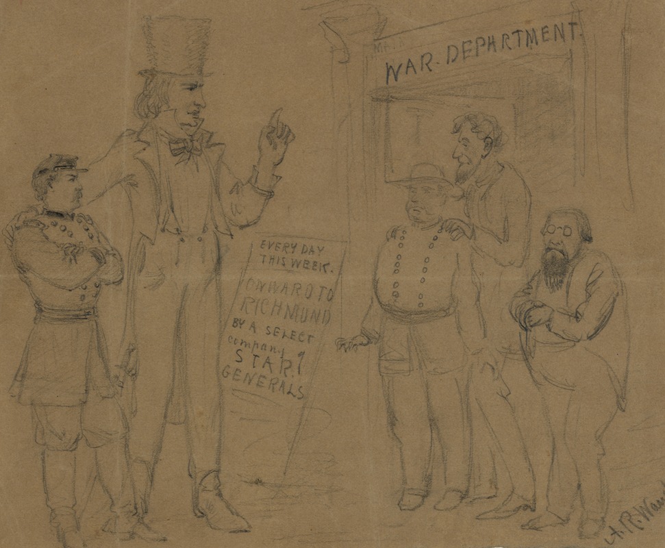 Cartoon showing Uncle Sam and General McClellan standing before a playbill — Alfred Rudolph Waud