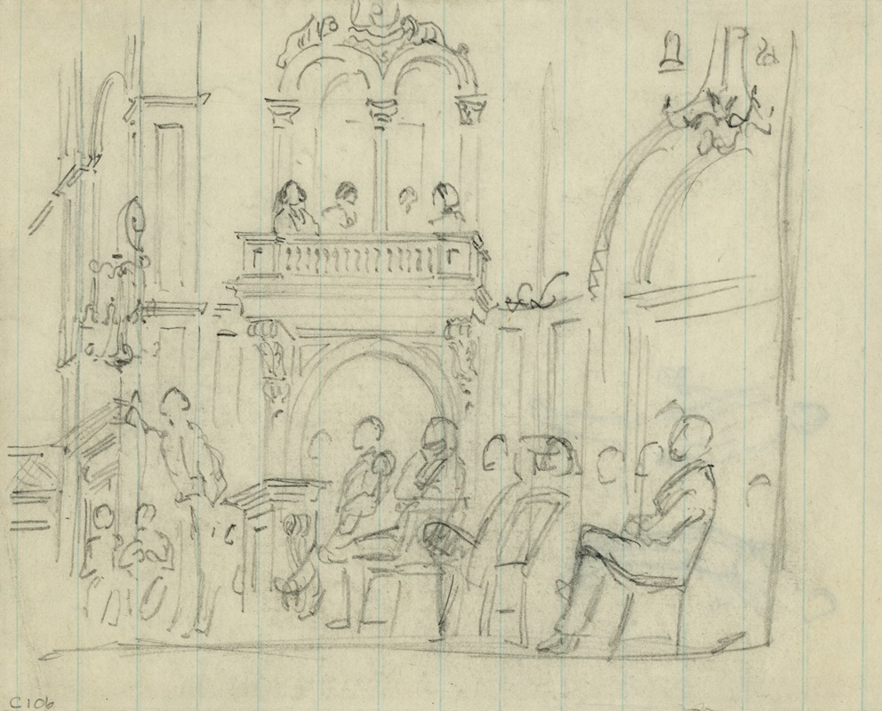 Interior of building, with seated figures — Alfred Rudolph Waud