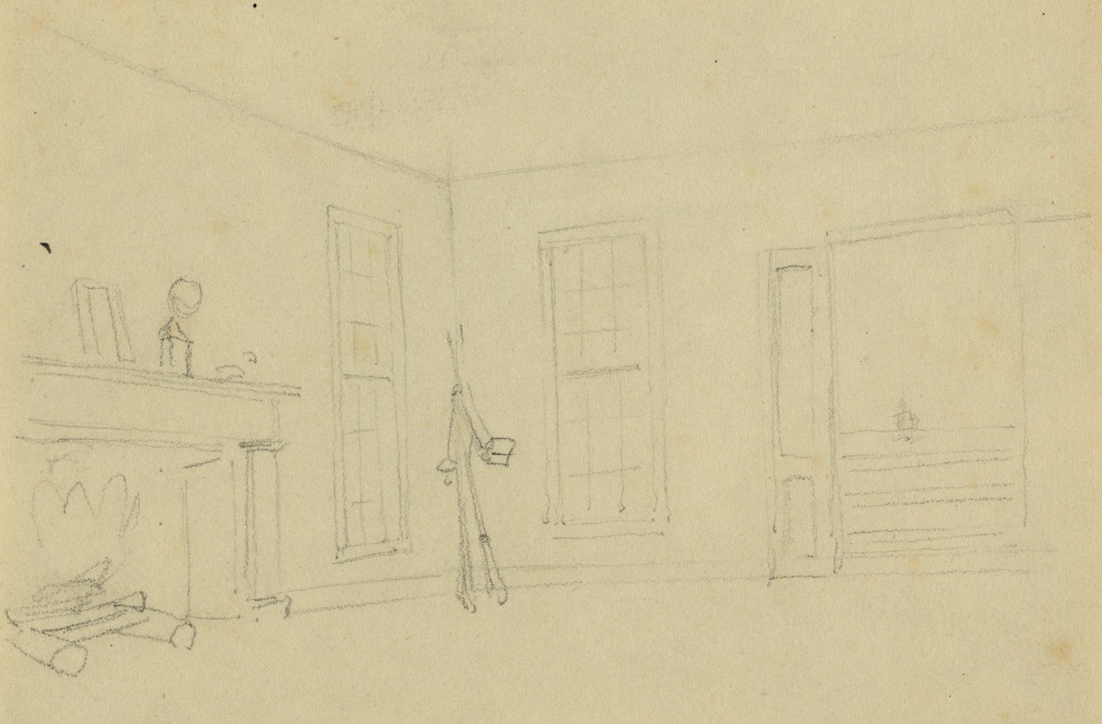 Interior of room showing fireplace & windows — Alfred Rudolph Waud