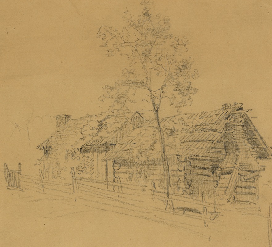 Log cabin beside tree and rail fence — Alfred Rudolph Waud