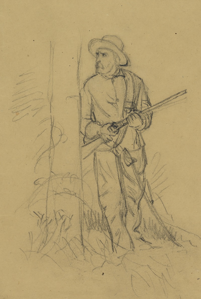 Man with rifle peering around tree by Альфред Рудольф Уод, 1860-1865 — digital art print download