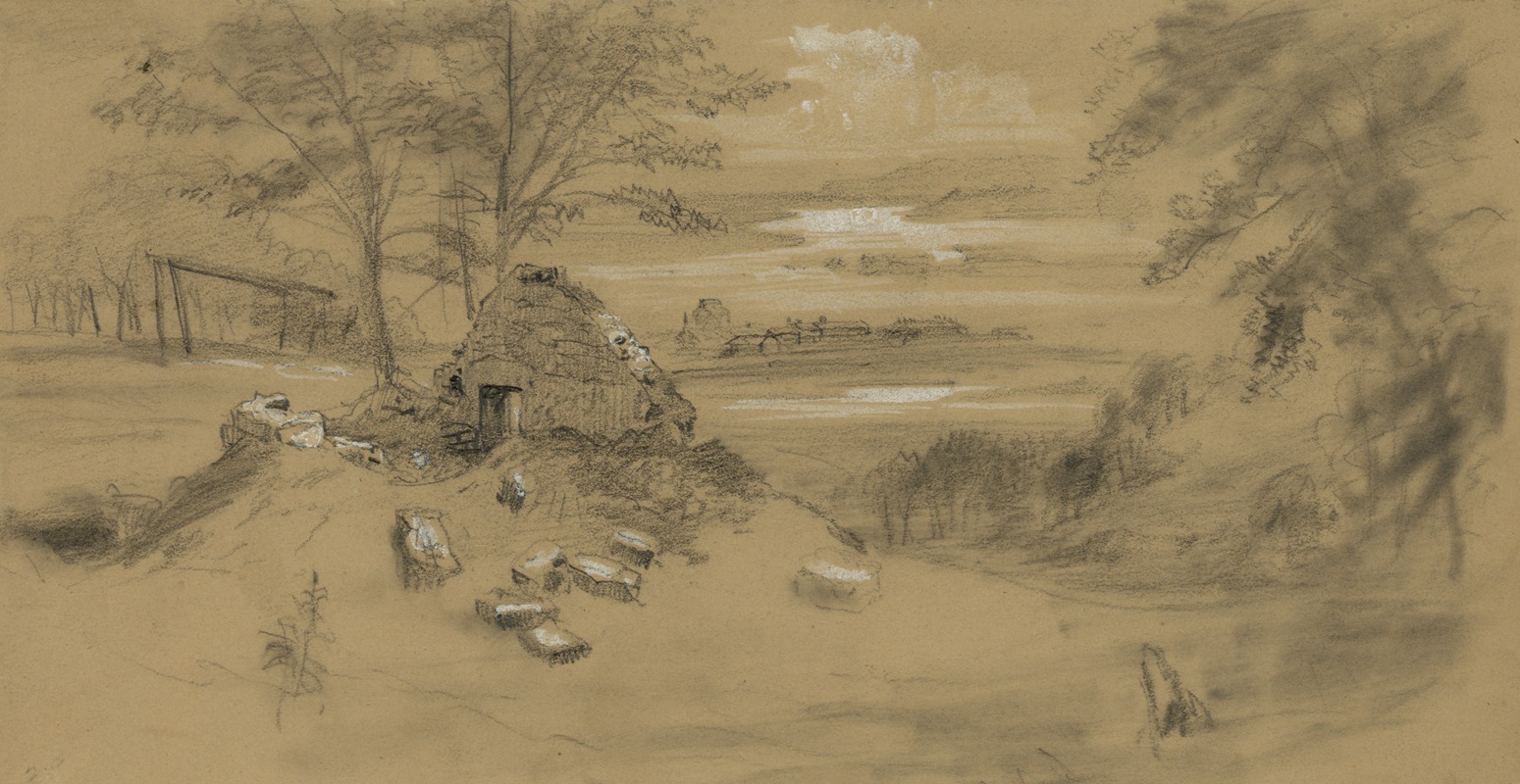Ruined dwelling, town in distance — Alfred Rudolph Waud