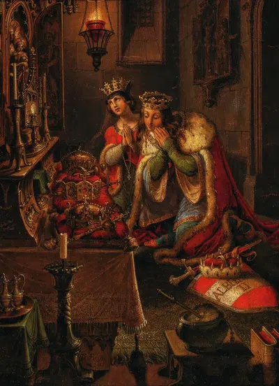 Король Альберт II и его жена Елизавета Люксембургская в молитве, на алтаре короны Богемии и Венгрии, а также императорская…