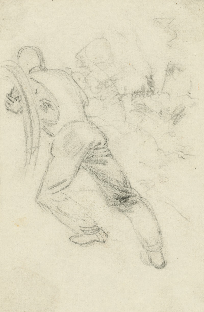 Soldier pushing against a stuck wagon wheel — Alfred Rudolph Waud
