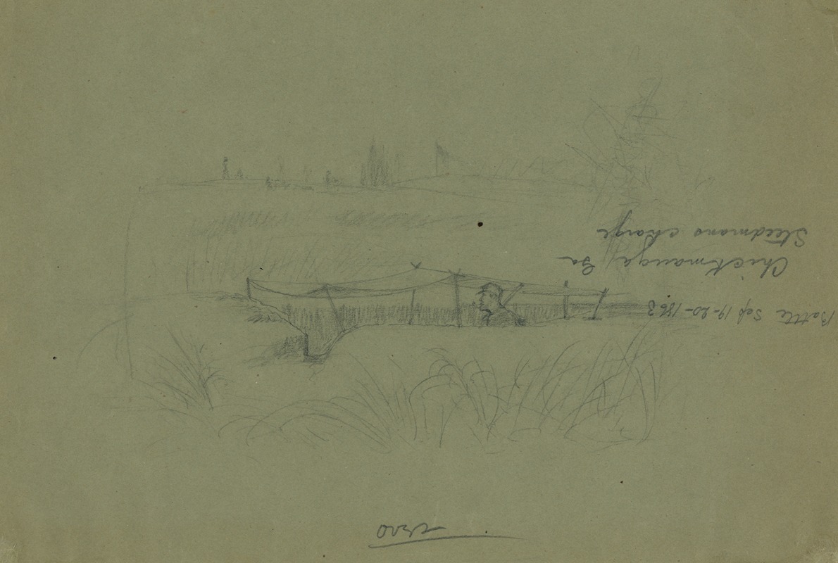 Soldier standing in a rifle pit covered by a canopy — Alfred Rudolph Waud
