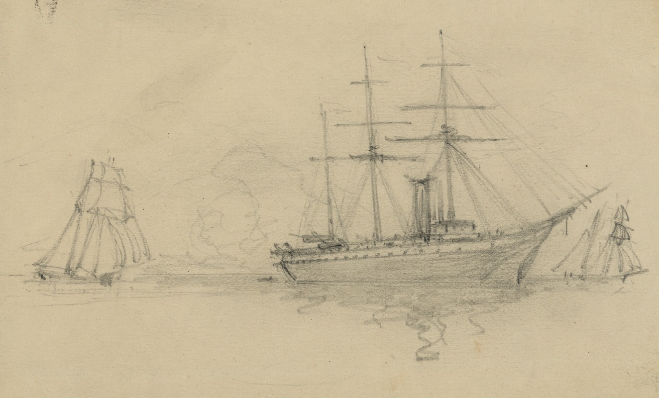 Three ships at sea by Альфред Рудольф Уод, 1860-1865 — digital art print download