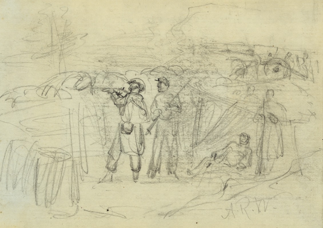 Three soldiers in a rifle pit by Альфред Рудольф Уод, 1860-1865 — digital art print download