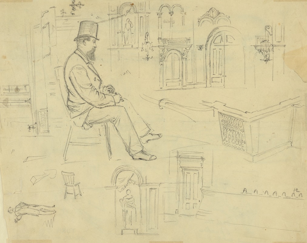 Two full-length portraits and architectural details — Alfred Rudolph Waud