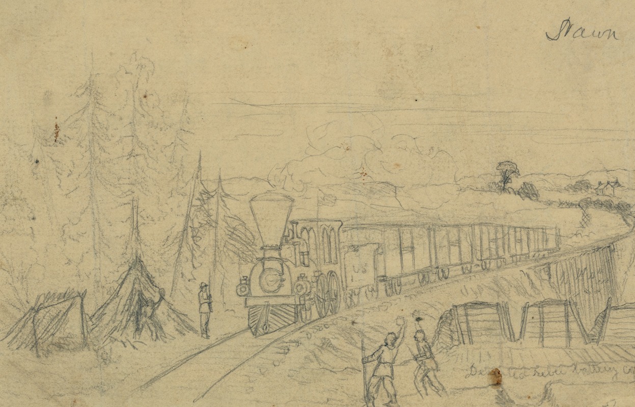 Railroad train crossing Potomac Creek bridge — Edwin Forbes