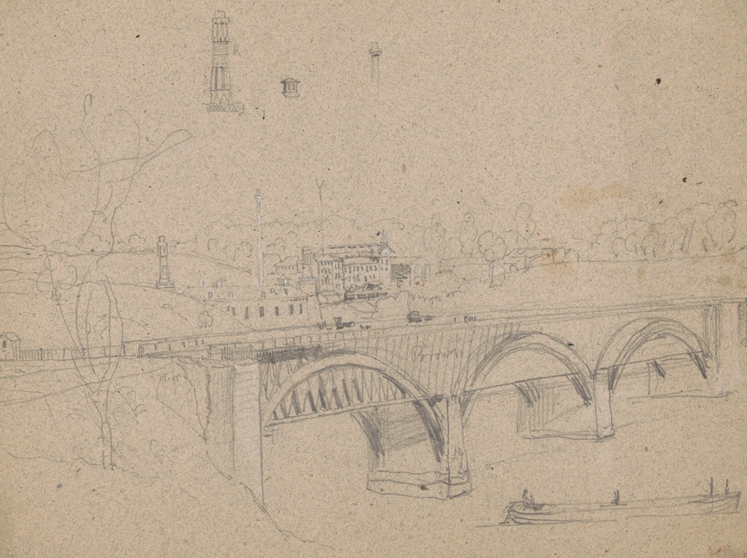 Bridge overlooking cluster of buildings — James Fuller Queen