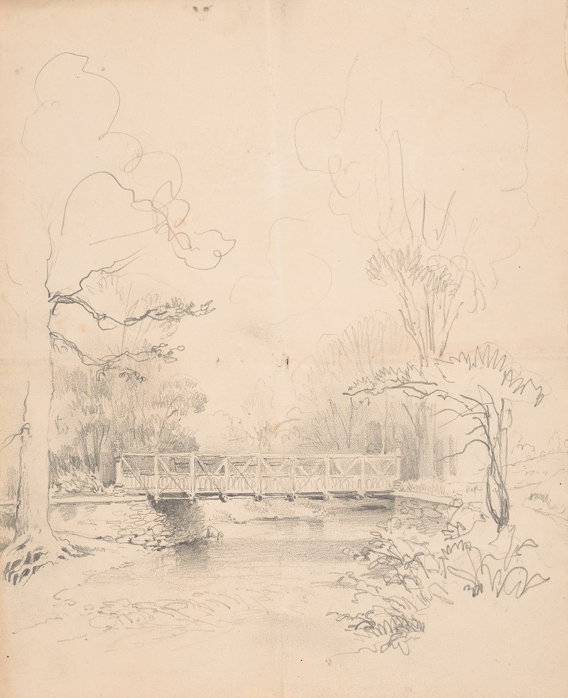Bridge spanning a stream in the woods by Джеймс Фуллер Куин, 1850-1870 — digital art print download