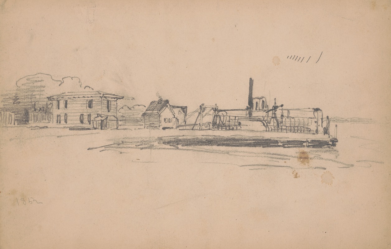 Ferry alongside a dock with buildings along the waterfront — James Fuller Queen