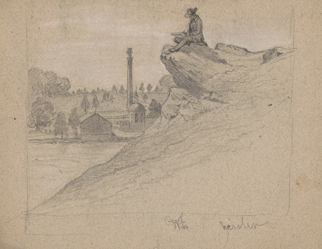 Man, sketching on rock, perhaps Queen, monument and circular building beyond — James Fuller Queen