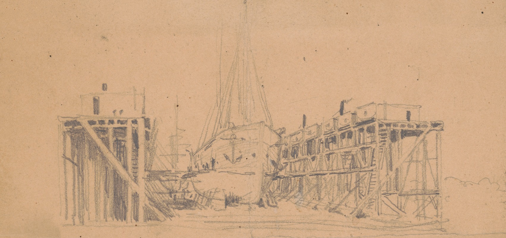 Ship in dry dock, probably Navy Yard by Джеймс Фуллер Куин, 1840-1860 — digital art print download
